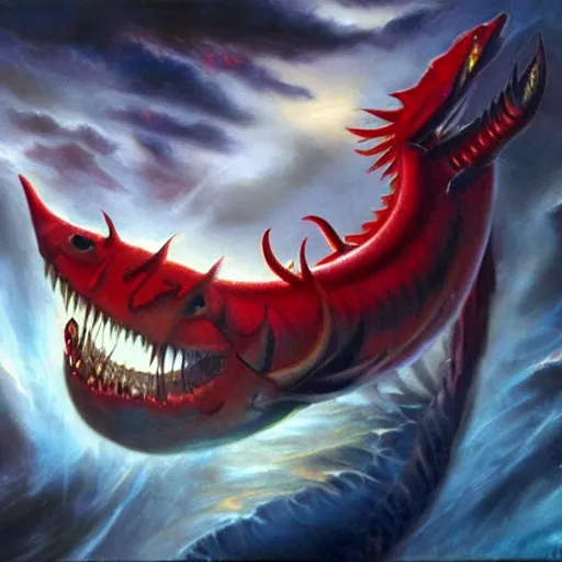 Image similar to detailed wide shot red gyrados in water shooting hyperbeam from fanged mouth angry intricate, hyper detailed, realistic, oil painting, by julie bell, frank frazetta, cinematic lighting