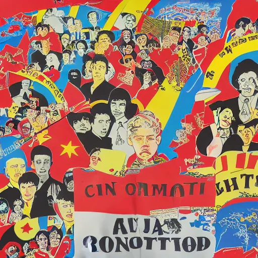 Prompt: a communist revolution in Candy Land, 1960s illustration, high quality, collage in the style of Klaus Voormann and Chinese Propaganda and the Beatles, album cover