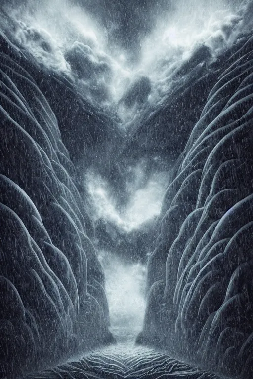 Image similar to digital matte fantasy dreamy mountain scape dark tones snow, alien landscape, photo realism, storm, 8 k by alex grey