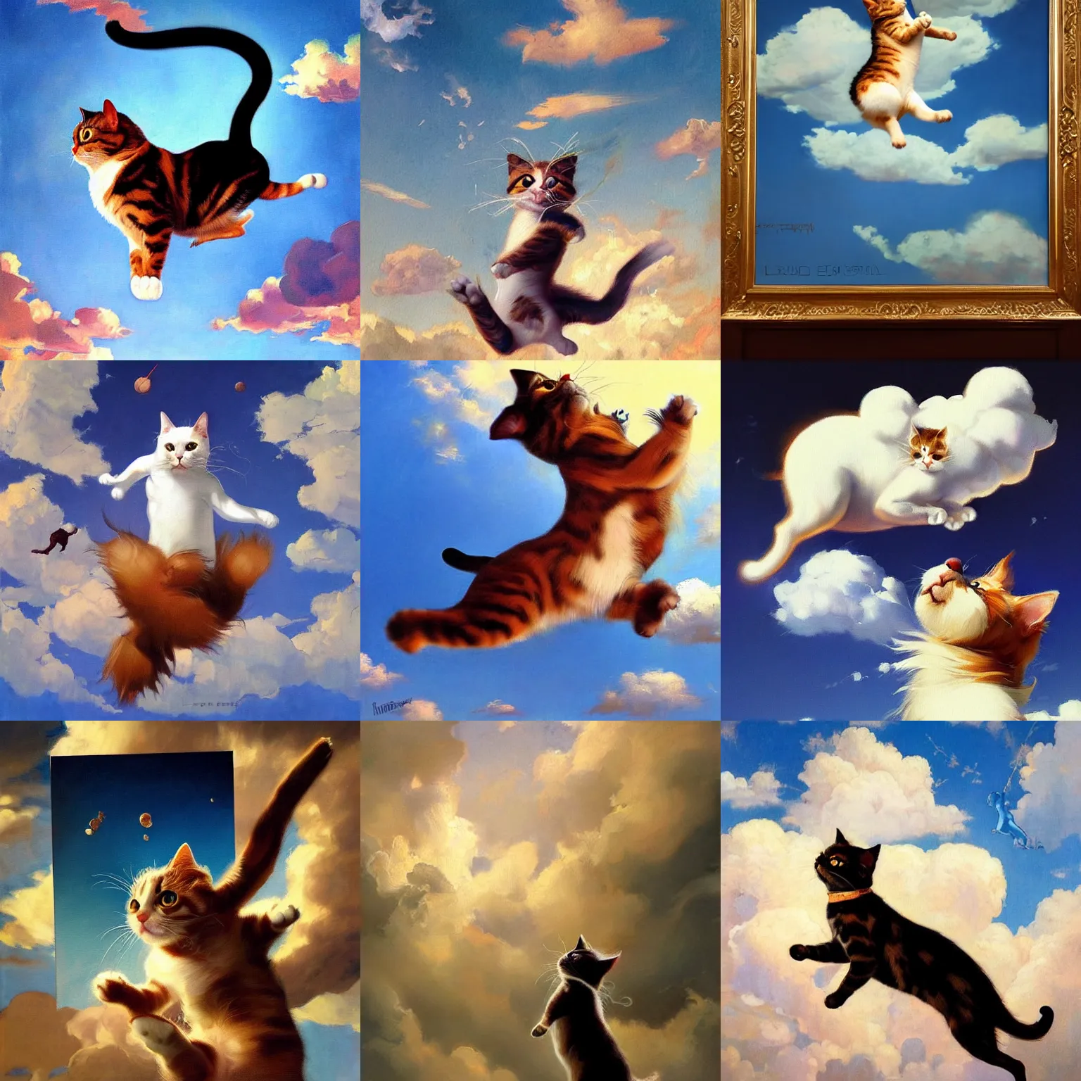 Prompt: A painting of a jumping cat under the sky, by (Ross Tran, Norman Rockwell, Leonardo da Vinci), beautiful clouds, hind legs, strong facial features, Trending on Artstation