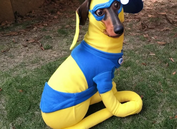 Image similar to Dachshund in a minion costume