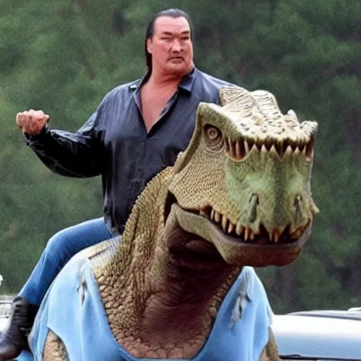 Prompt: Steven Seagal riding a dinosaur