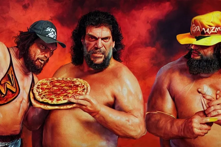 Image similar to andre the giant and macho man randy savage, mega powers, sharing a pizza, at muscle beach, mid 9 0 s, gritty, ethereal details, cinematic lighting, hyper - detailed, maximalist, artstation, 8 k