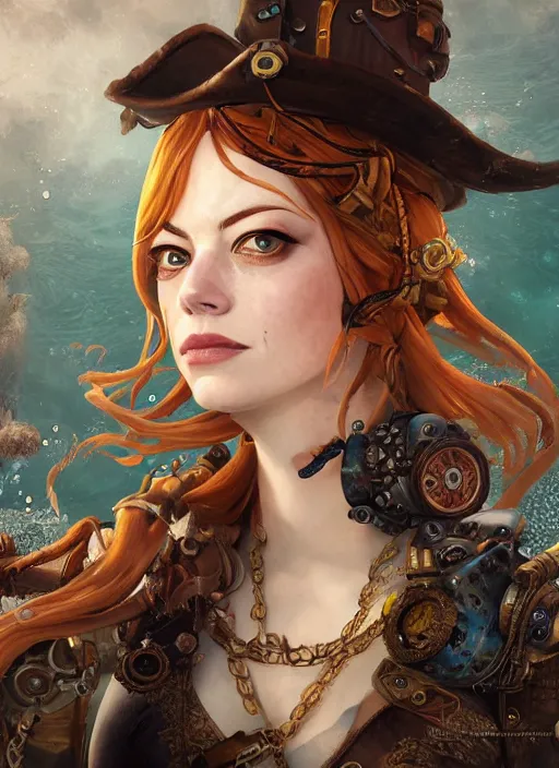 Image similar to underwater steampunk pirate portrait of emma stone, hyper detailed, digital art, trending in artstation, cinematic lighting, studio quality, smooth render, unreal engine 5 rendered, octane rendered, art style by klimt and nixeu and ian sprigger and wlop and krenz cushart.