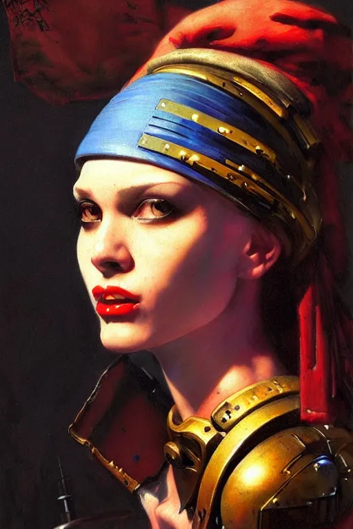 Image similar to full character portrait cyberpunk warhammer 4 0 k, warrior marine the girl with the pearl earring character design, painting by gaston bussiere, katsuya terada, frank frazetta, tom of finland, trending on artstation