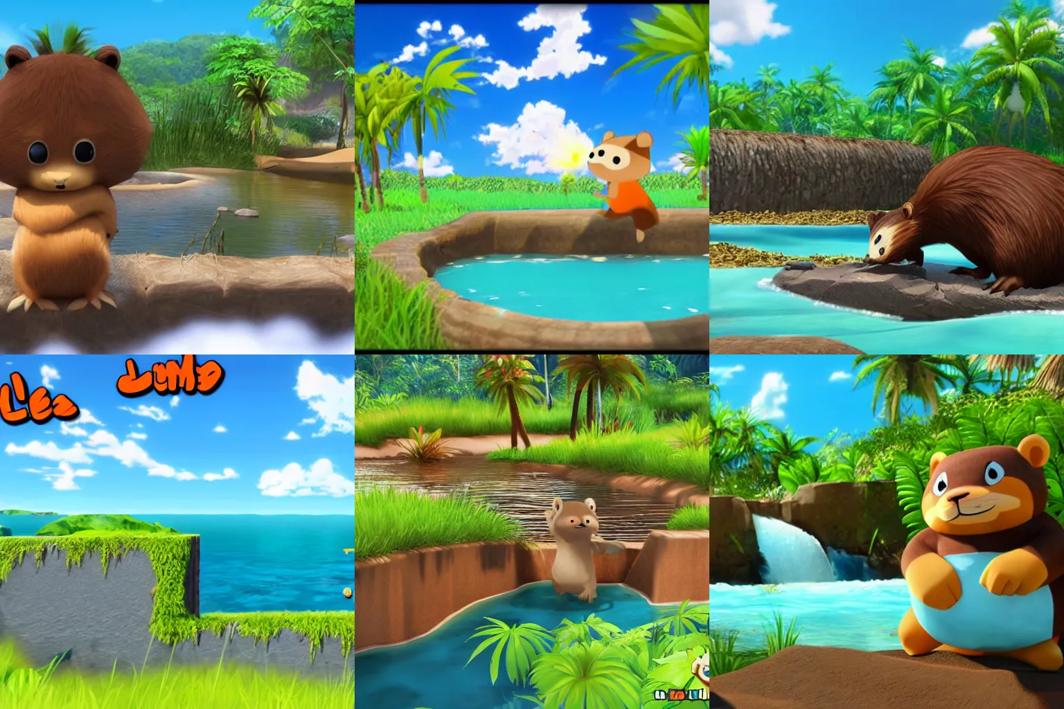 Prompt: anime beaver building a dam on a tropical island, unreal engine, sunny, happy