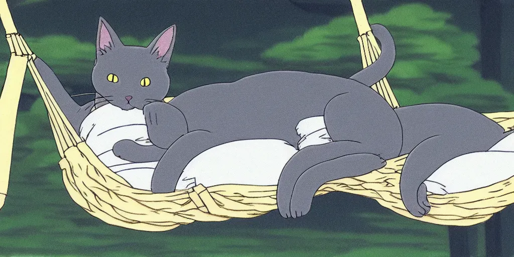 Prompt: grey european shorthair cat sleeping on a hammock, anime still by studio ghibli, by hayao miyazaki