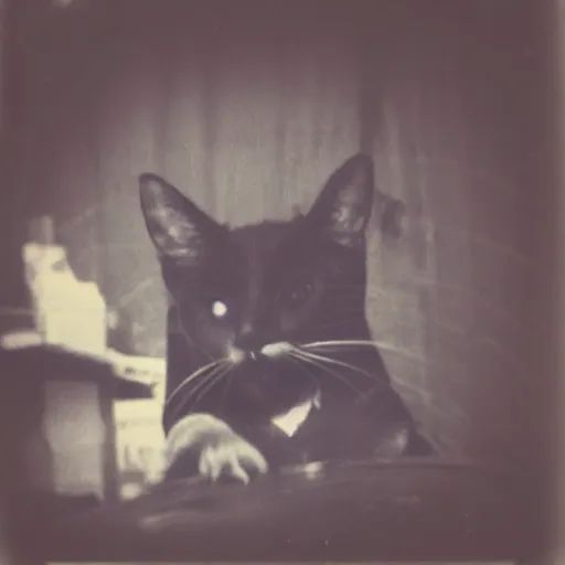 Image similar to black cat in a rollercoaster. the cat looks happy. sunlight. polaroid photo. sepia. grainy.