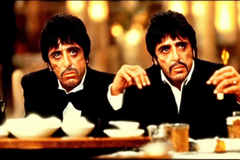 Image similar to tony montana from movie scarface 1 9 8 3 sitting behind a big black oak table with big large packages of flour. al pacino. perfect symmetric face, coherent eyes, ron cobb, fine details, 4 k. last scene from scarface movie, bokeh