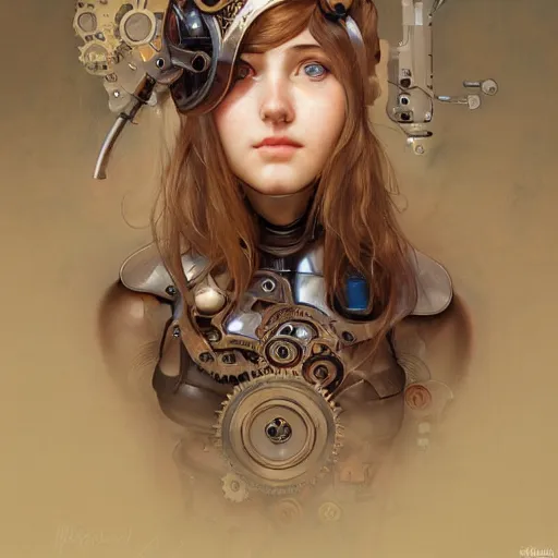 Prompt: cyborg girl, clockwork, springs, pistons, gears, wind - up parts, steampunk,, detailed study, realism, 1 6 f, focus on the girl, cute face, innocent, intrude, elegant, highly detailed, sharp focus, illustration, art by artgerm and greg rutkowski and alphonse mucha gabrielle rossetti