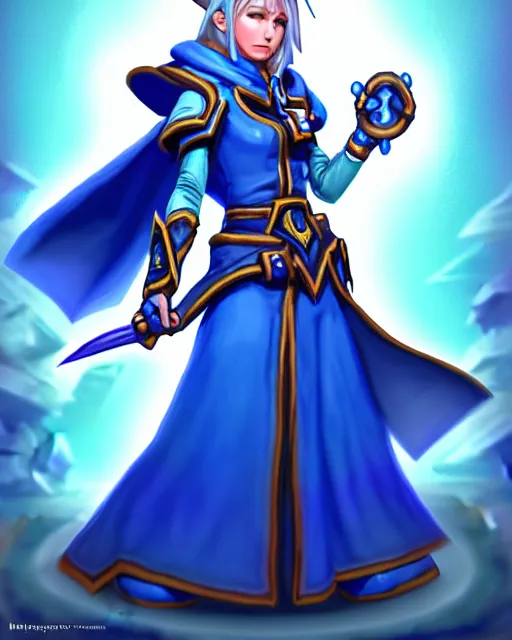 Prompt: perfectly - centered!! looking at the camera!!! full body portrait of the female blue mage, bright lighting, by hearthstone, concept art, hearthstone mastered art