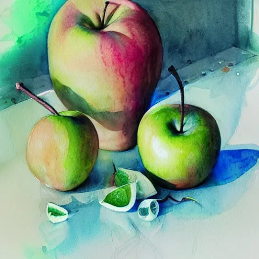 Prompt: watercolor still life with green apples by anna dittmann, by marco mazzoni, by stephanie law,