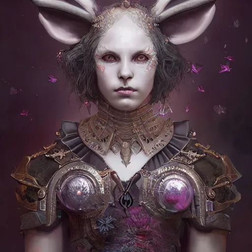 Prompt: tom bagshaw, soft painting fractal curiosities carnival, very beautiful female rabbit hybrid in full ornated nightshade armor, symmetry accurate features, focus, very intricate ultrafine details, black white purple volumetric clouds, award winning masterpiece, octane render 8 k hd