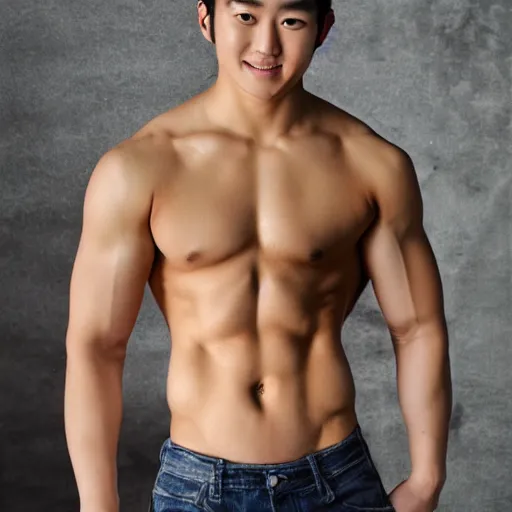 Image similar to a blond korean 2 0 year old man with large muscles and abs