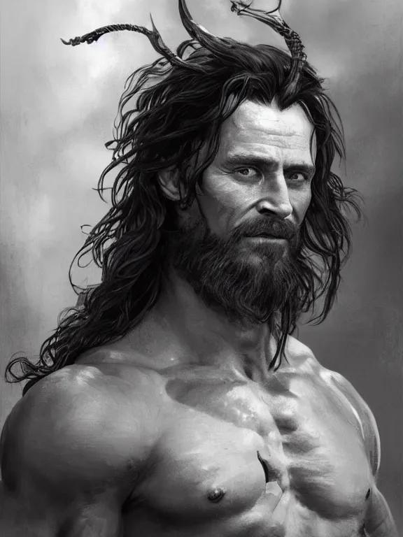Image similar to painted portrait of rugged loki, god of trickery, norse god, black luscious hair, masculine, mature, handsome, upper body, grey and silver, muscular, fantasy, intricate, muscular, elegant, highly detailed, digital painting, artstation, concept art, smooth, sharp focus, illustration, art by gaston bussiere and alphonse mucha
