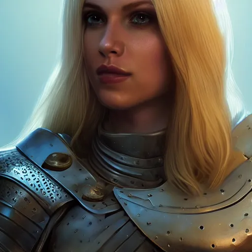 Image similar to portrait of a female blonde in a knights armor tied up in a back of a car, full view, popular on artstation, artstationhd, artstationhq 8 k, volumetric lighting, super focused, no blur, trending on artstation, ultra detailed, by artgerm and james gurney, greg rutkowski,