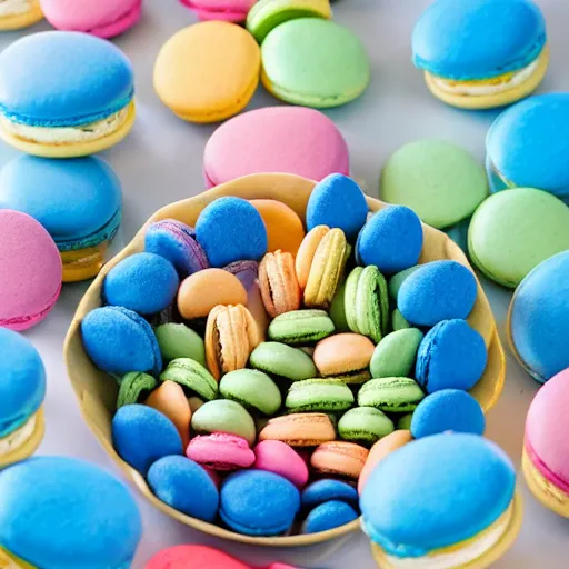 Image similar to A blue jay standing on a large basket of rainbow macarons.