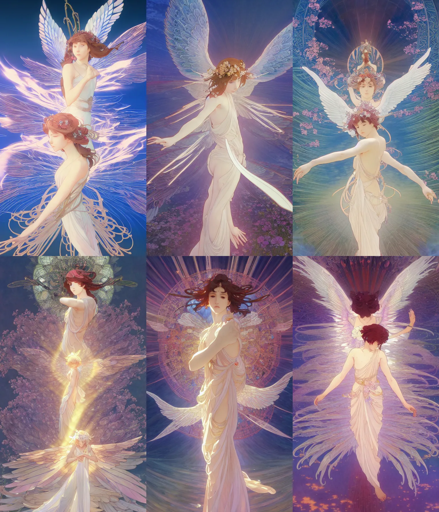 Prompt: wings, goddess angel of tranquility. hyper detailed, character concept, full body, dynamic pose, intricate, lineart!! cerpuscular rays, lily flowers. by yoshitaka amano, alfons mucha and makoto shinkai. 8 k