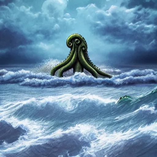 cloudy skies over a sea with a giant cthulu coming out | Stable ...