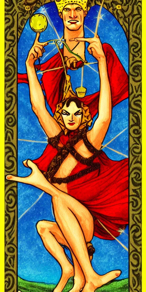 Prompt: the fool, rider - waite tarot card with an art deco boarder, high quality, digital painting