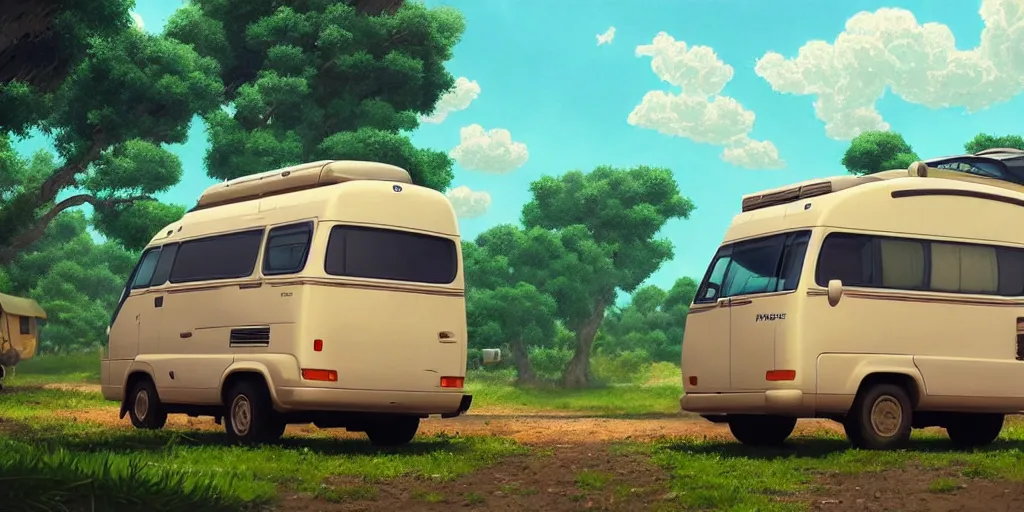 Image similar to a wholesome animation key shot of one!! focused!! 1 9 9 4 fiat hymer motorhome!! in the! romanian countryside!, medium shot, studio ghibli, ( pixar ) and disney animation, sharp, very detailed, high resolution, rendered in unreal engine 5, anime key art by greg rutkowski, bloom, dramatic lighting