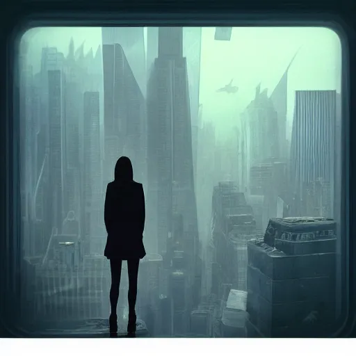 Image similar to “ girl standing on a roof looking down at a foggy futuristic new york city below, ghostpunk, blade runner, cyberpunk, brutalist, very detailed, anime, manga ”