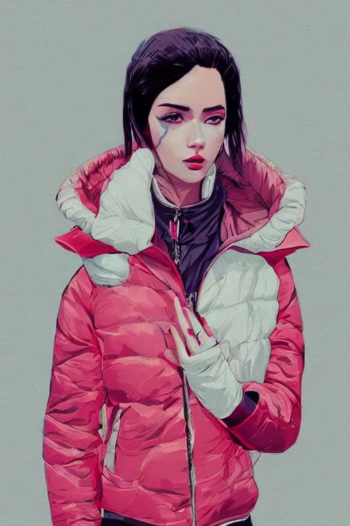 Image similar to a ultradetailed beautiful painting of a stylish woman wearing a puffer jacket, by conrad roset, greg rutkowsk and ilya kuvshinov trending on artstation