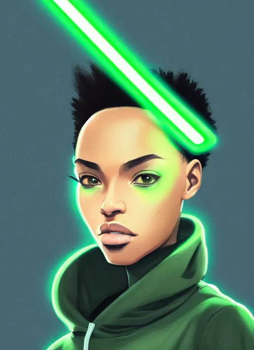 Prompt: photographic portrait of an handsome young black woman with a mohican haircut and green eyes in a back hoodie, broad lighting, elegant, highly detailed, digital painting, artstation, concept art, sharp focus, star wars, illustration, art by makoto shinkai