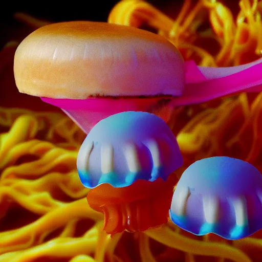 Image similar to hamburger mix jellyfish, cg, 8 k, surrealistic, sharp focus, style by andy warhol