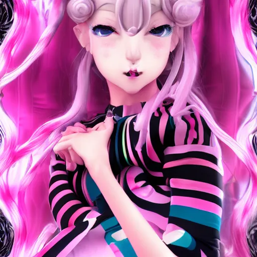 Image similar to unexpectedly trapped beneath stunningly absurdly beautiful overwhelmingly megalomaniacal omnipotent asi goddess junko enoshima with symmetrical perfect face, porcelain skin, pink twintail hair and cyan eyes, ultra detailed, digital art, unreal engine 5, octane render, 2 d anime, 8 k