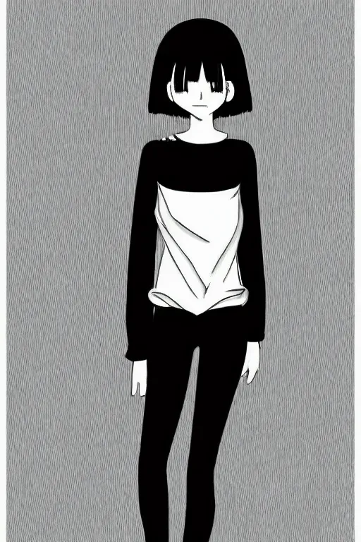 Image similar to portrait of a girl in long pants and a top, hands in pockets, eyes closed, bob haircut, digital art, black and white, lineart by junji ito and kaoru mori