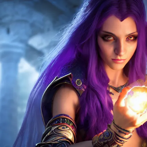 Image similar to 8k unreal engine render of a half-elf sorceress with purple hair from dungeons and dragons, beautiful, symmetrical face, a fireball spell forms in her hands, in a crowded ancient persian city, insanely detailed, depth of field unreal engine ultra-wide angle lens, volumetric lighting, vivid color