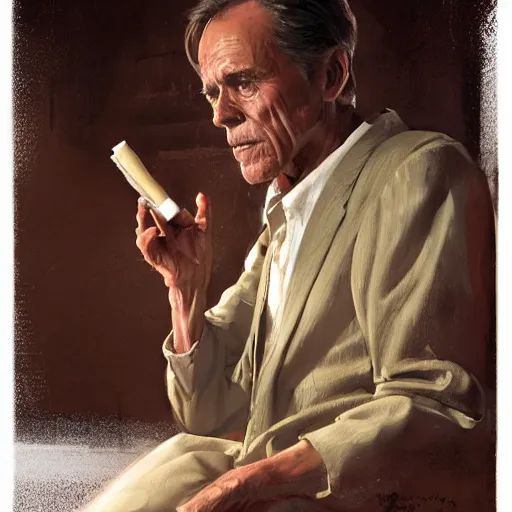 Image similar to a highly detailed epic cinematic concept art CG render digital painting artwork costume design: Henry Fonda as a 1950s tired disillusioned poet, barefoot, holding a cigarette. volumetric lighting. By Greg Rutkowski, in the style of Francis Bacon and Syd Mead and Norman Rockwell and Beksinski, open ceiling, highly detailed, painted by Francis Bacon and Edward Hopper, painted by James Gilleard, surrealism, airbrush, Ilya Kuvshinov, WLOP, Stanley Artgerm, very coherent, triadic color scheme, realistic facial expression, art by Takato Yamamoto and James Jean