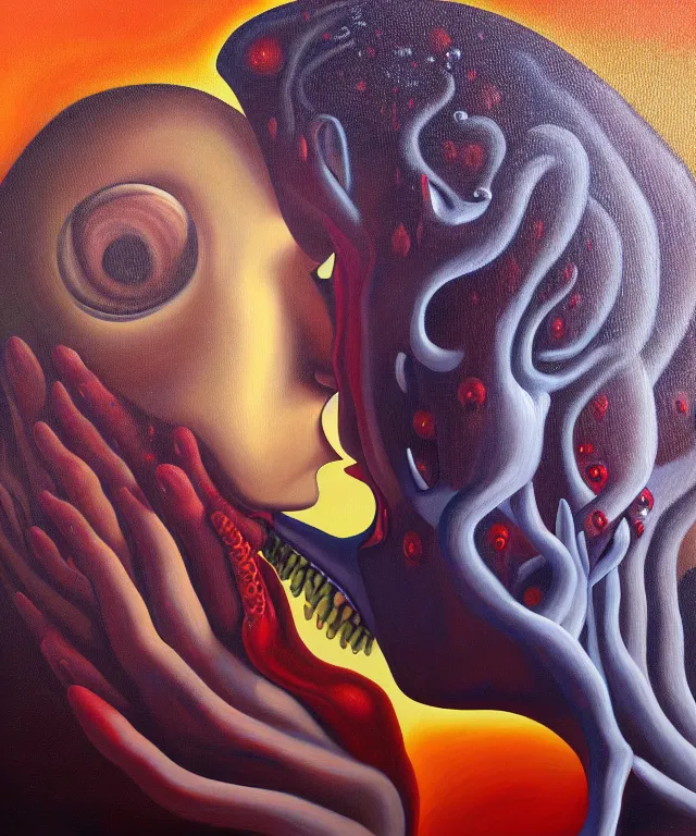 Prompt: an oil on canvas portrait painting titled the kiss, polycount, surrealism, surrealist, lovecraftian, cosmic horror, high detail