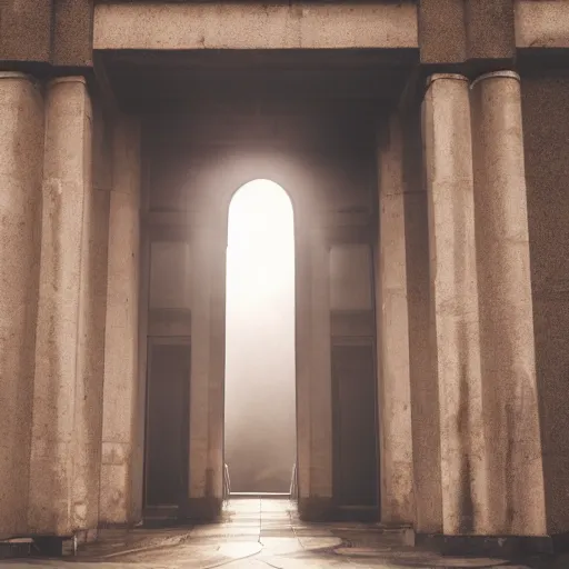 Image similar to Temple of knowledge, foggy entrance, mysterious architecture, clouds at entrance