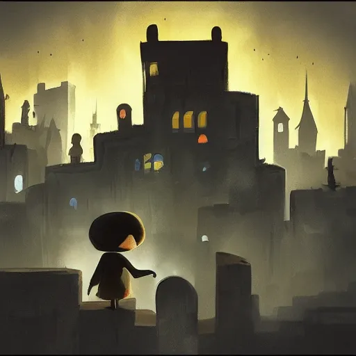 Prompt: city concept art inspired by the game little nightmares and limbo