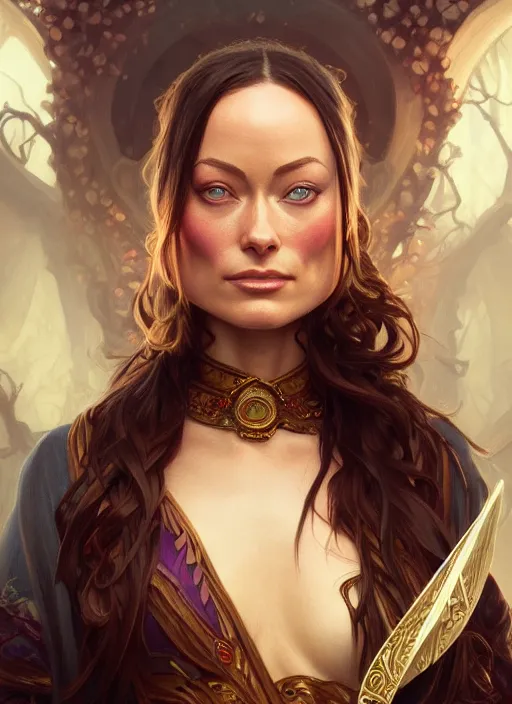 Image similar to photography of a young olivia wilde, deep focus, d & d, fantasy, intricate, elegant, highly detailed, digital painting, artstation, concept art, matte, sharp focus, illustration, hearthstone, magic the gathering, art by artgerm and greg rutkowski and alphonse mucha