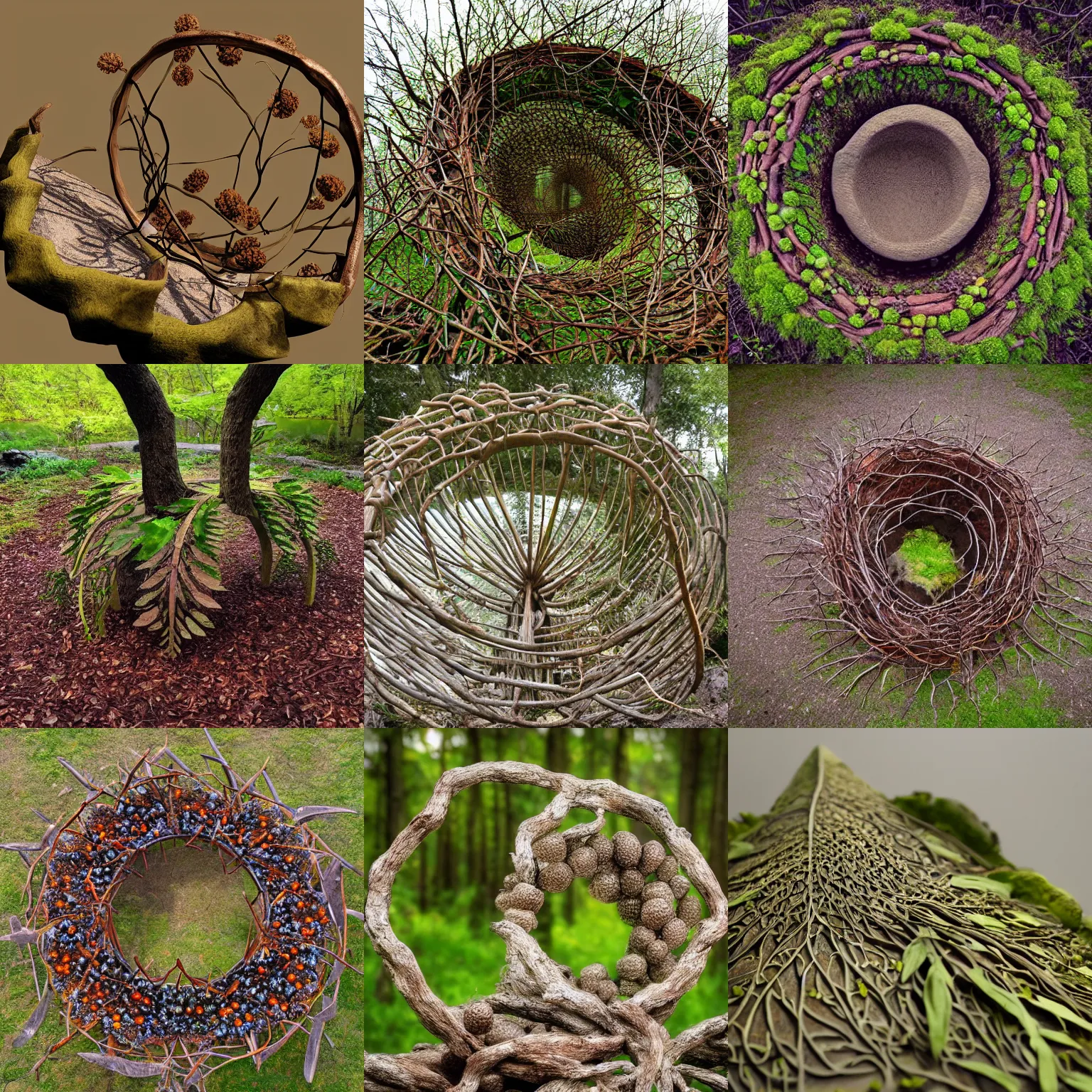 Prompt: an environment art sculpture by Nils-Udo, leaves twigs wood, nature, natural, round form, berries inside center of structure, leaf spiral pattern around structure