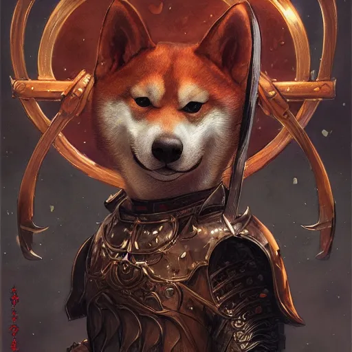 Prompt: anthropomorphic shiba inu, wearing anime berserk armor and sword, darkness aura red light, fantasy, dark, portrait art by donato giancola and greg rutkowski, realistic face, digital art, trending on artstation, symmetry