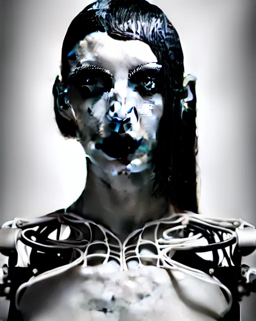 Image similar to black and white cyborg-plant goddess high quality fashion portrait, artificial intelligence, bio-mechanical bio-luminescence, artificial spider web, neurons, nerve cells, octane render, cinematic, hyper realism, photo-realistic, high detail, 8k, in the style of Steven Meisel and Dora Maar and H.G. Giger