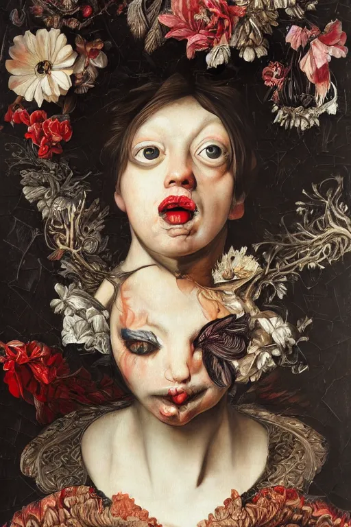 Image similar to Detailed maximalist portrait a with large lips and with large eyes, angry expression, fleshy botanical, HD mixed media collage, highly detailed and intricate, painting in the style of Caravaggio and Jenny saville, dark art, baroque