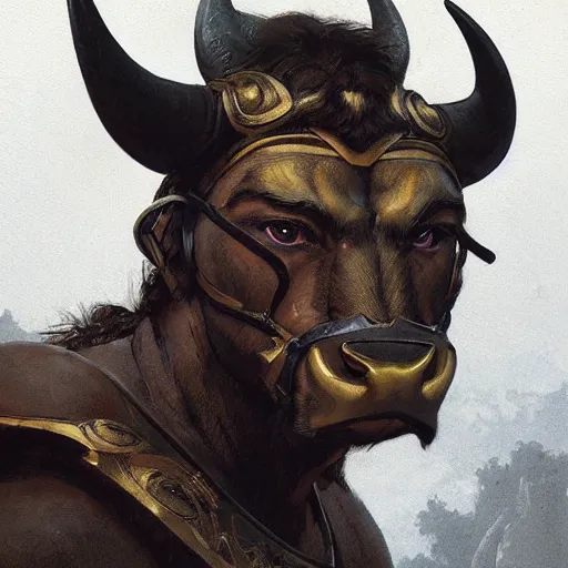 Image similar to ''face portrait of a swaggy bull, furry, greek mythology, greece, fantasy, dungeons and dragons, d & d, digital painting, artstation, concept art, sharp focus, illustration, art by greg rutkowski and alphonse mucha''