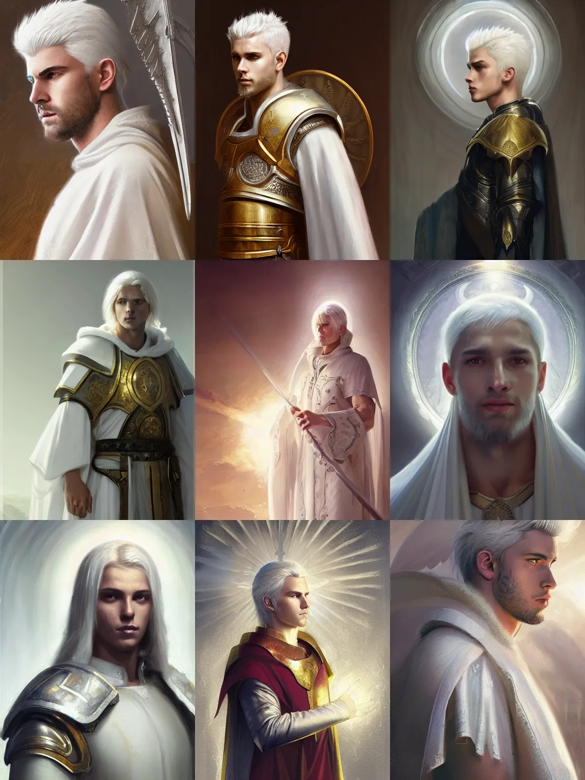 Prompt: portrait of a young beautiful calm and pious male aasimar paladin with white hair a halo above his head wearing white vestments under armor, pensive and hopeful expression, by Greg Rutkowski, intricate, masterpiece, sharp, digital art, 8k