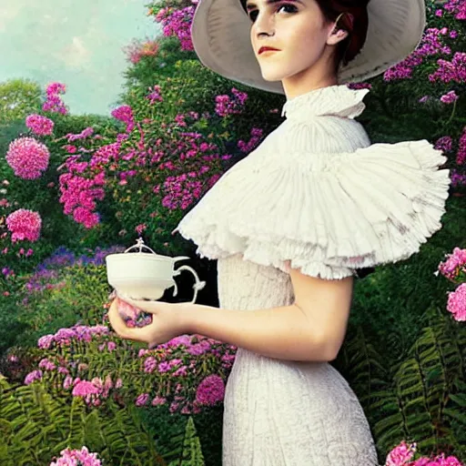 Image similar to full body fashion model emma watson by Hasui Kawase by Richard Schmid smokey eyes makeup eye shadow fantasy, glow, shimmer as victorian woman in a long white frilly lace dress and a large white hat having tea in a sunroom filled with flowers, roses and lush fern flowers ,intricate, night, highly detailed, dramatic lighting , high quality