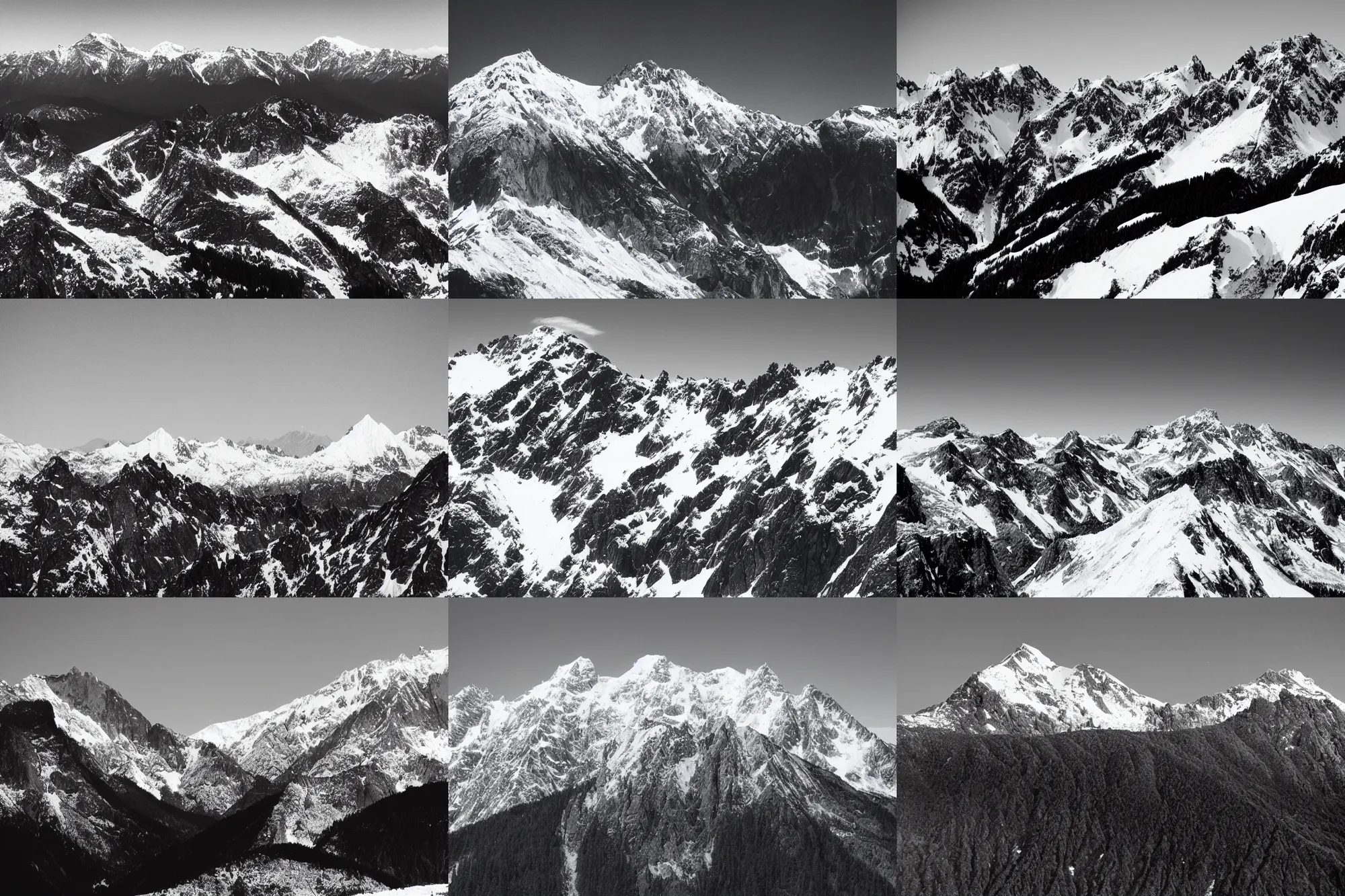 Prompt: long distance film photo of snowy mountain range, complex and detailed, awe inspiring