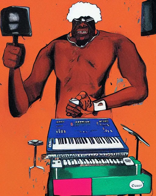 Image similar to an African cyclops (from x-men) playing an Akai MPC 2000XL, colourful painting by Toni Toscani, in the style of 'Woman in Brown Pants' (2018)