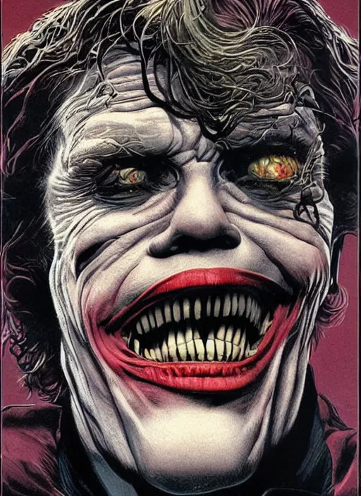 Image similar to willem dafoe as the joker, grotesque, horror, high details, intricate details, by vincent di fate, artgerm julie bell beeple, 1 9 8 0 s, inking, vintage 8 0 s print, screen print