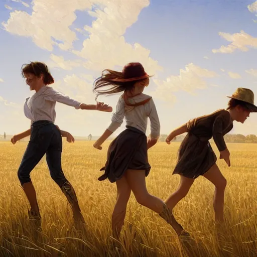 Image similar to ultra realistic illustration of three young friends walking on rails through the fields of hay, sunny summer day, nice mood, highly detailed, digital painting, artstation, concept art, smooth, sharp focus, illustration, art by artgerm and greg rutkowski and alphonse mucha