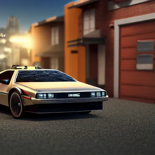 Prompt: hot wheels delorean car on a suburban street diorama scene, cinema 4 d, octane, render 8 d, cinematic lighting, product shot, commercial photography