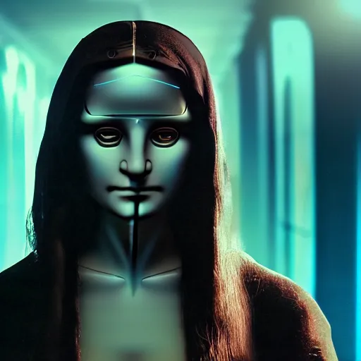 Image similar to cinematic movie still of cybernetic character named Mona Lisa in Neuromancer, futuristic eye implant, cyberpunk, XF IQ4, 150MP, 50mm, F1.4, ISO 200, 1/160s, twilight in the city